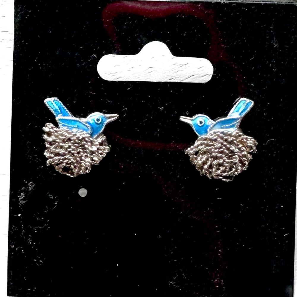 Blue Bird Earrings Sterling Silver Blue Enamel Vintage